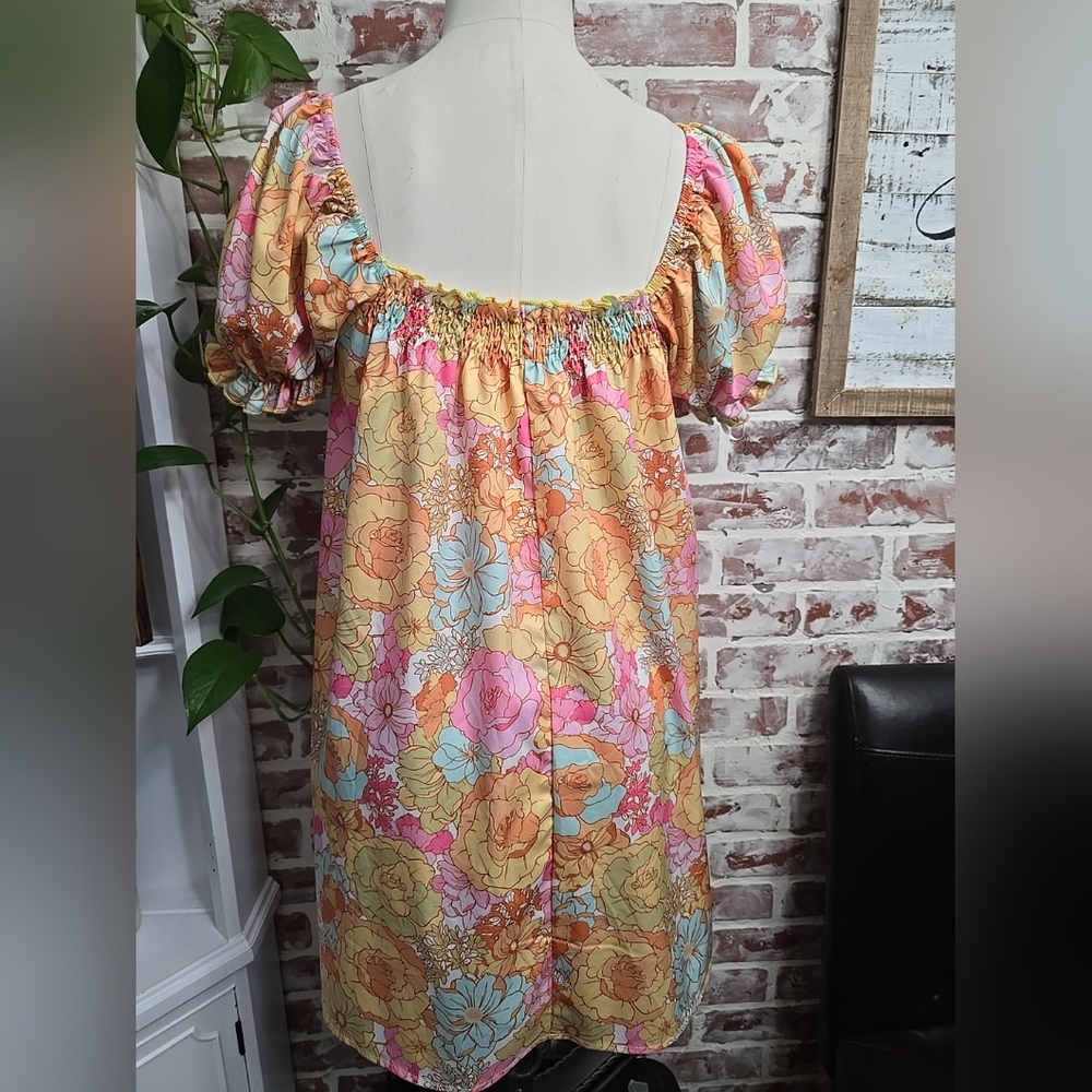 Shein womens slip dress sz xs multi color floral print puff short sleeves - Picture 3 of 3